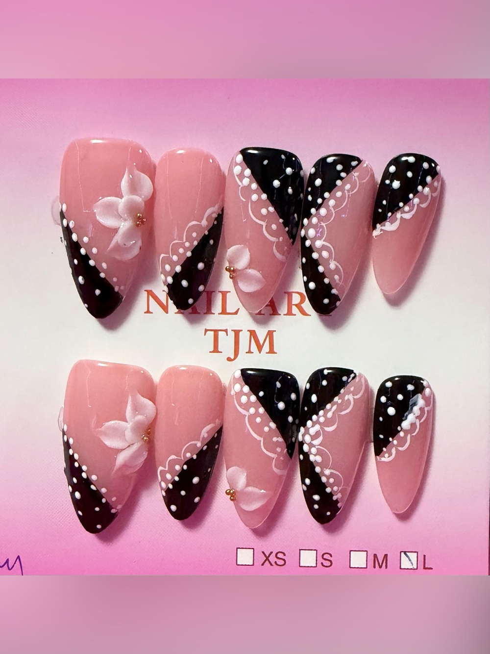 Hand-Painted Pink and Black Floral Press-On Nails